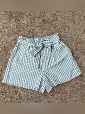 Gingham Paperbag High-Waist Shorts with Self-Tie Belt and zipper - Light Blue